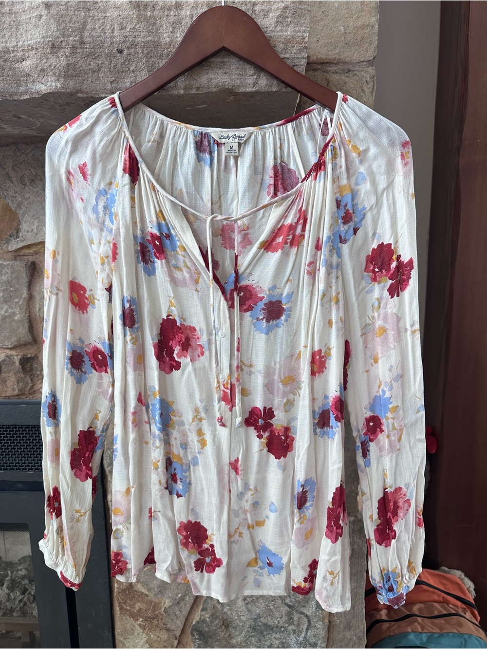 Lucky Brand White Floral Tie-Neck Blouse with Red & Blue Blooms